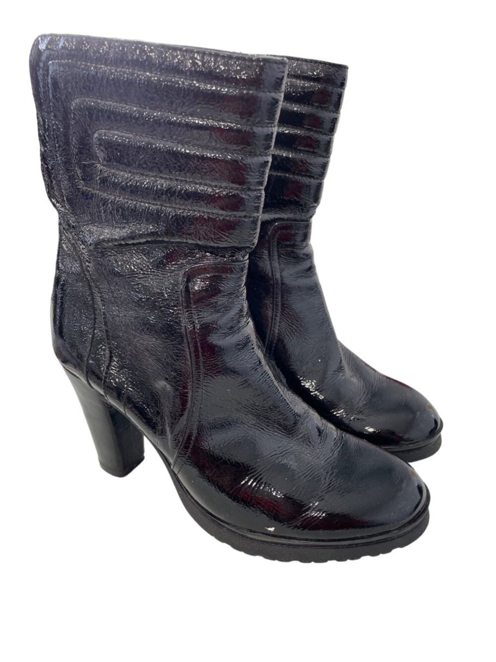 Aquatalia Boots Size 9 High Heel Mid Calf Black Patent Leather Retro Party Chic